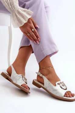 Eleganckie Sandały Damskie Ze Złotą Ozdobą Na Płaskim Obcasie Srebrne S.Barski KV27-053