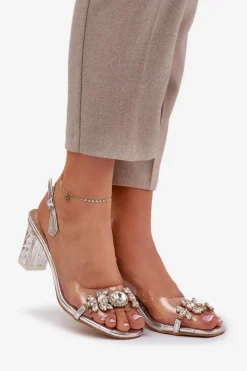 Eleganckie Sandały Na Słupku Z Ozdobami Srebrne D&A MR38-444