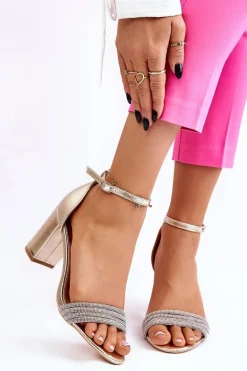 Eleganckie Sandały Z Cyrkoniami Na Obcasie Złote Laurene