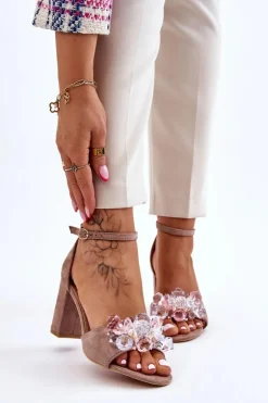 Eleganckie Sandały Z Kryształami Na Obcasie Ciemnobeżowe Cameron