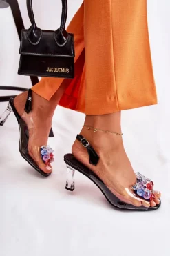 Eleganckie Sandały Z Kryształami Czarne Lanette