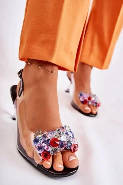 Eleganckie Sandały Z Kryształami Czarne Lanette