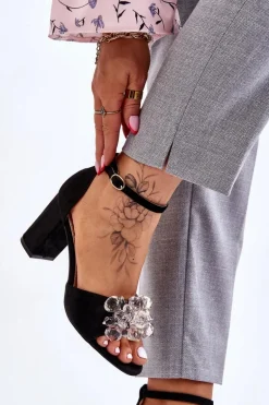 Eleganckie Sandały Z Kryształami Na Obcasie Czarne Cameron