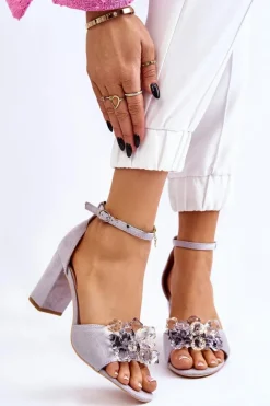 Eleganckie Sandały Z Kryształami Na Obcasie Szare Cameron