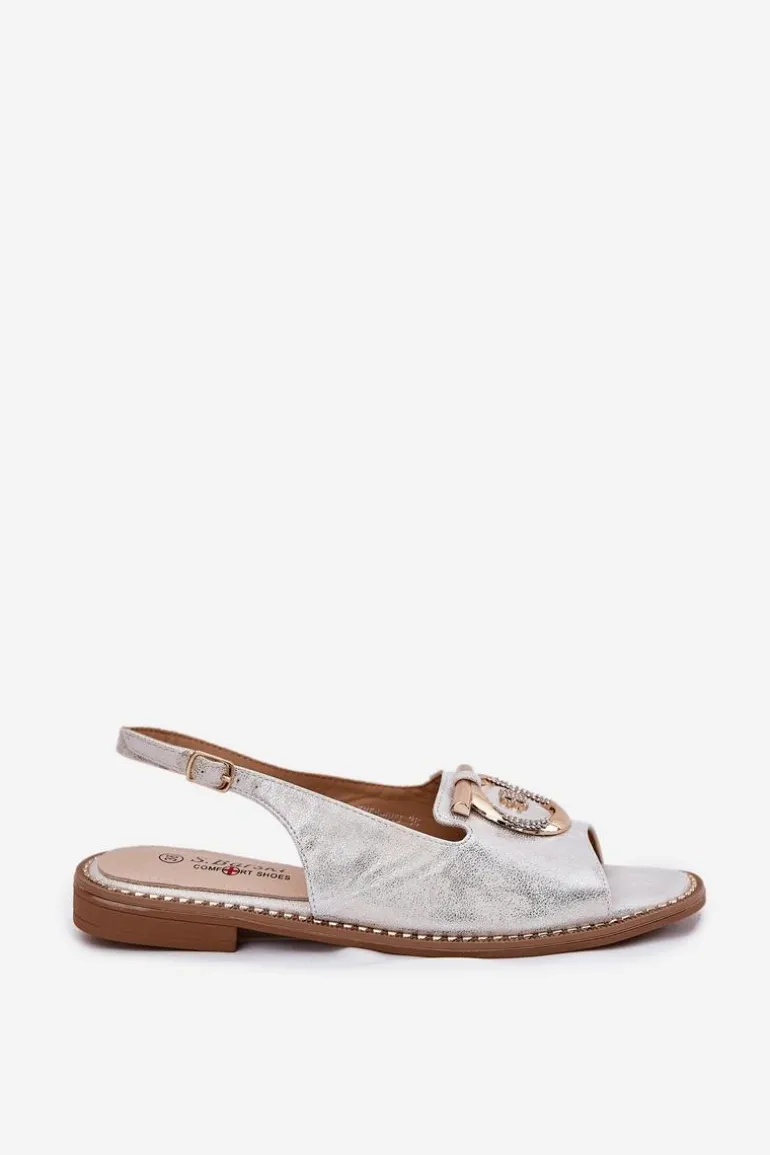 Eleganckie Sandały Z Ozdobą Na Płaskim Obcasie S.Barski KV51-003 Srebrne