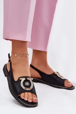 Eleganckie Sandały Z Ozdobą Na Płaskim Obcasie S.Barski KV51-003 Czarne