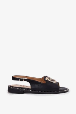 Eleganckie Sandały Z Ozdobą Na Płaskim Obcasie S.Barski KV51-003 Czarne