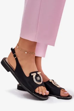 Eleganckie Sandały Z Ozdobą Na Płaskim Obcasie S.Barski KV51-003 Czarne