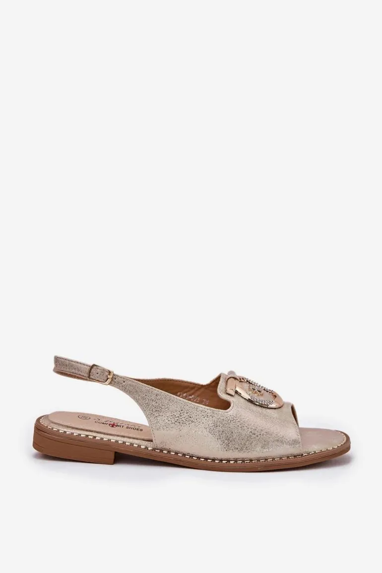 Eleganckie Sandały Z Ozdobą Na Płaskim Obcasie S.Barski KV51-003 Złote
