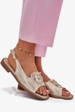 Eleganckie Sandały Z Ozdobą Na Płaskim Obcasie S.Barski KV51-003 Złote