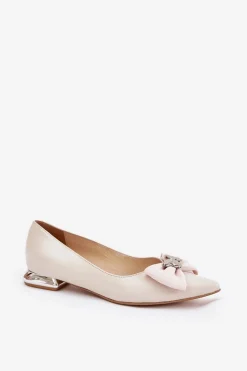 Eleganckie Skórzane Baleriny Damskie Z Kokardką Laura Messi 2893 Beżowe