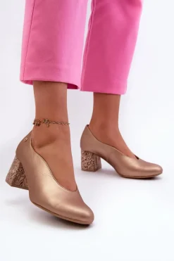 Eleganckie Skórzane Czółenka Na Słupku Maciejka 06422-25 Złote