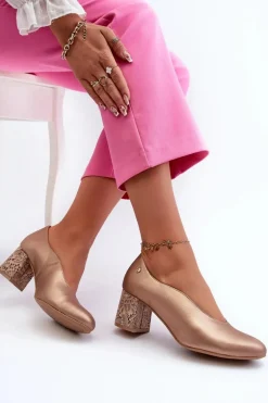 Eleganckie Skórzane Czółenka Na Słupku Maciejka 06422-25 Złote