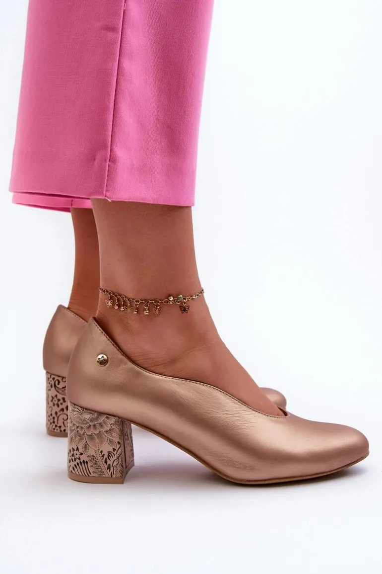 Eleganckie Skórzane Czółenka Na Słupku Maciejka 06422-25 Złote