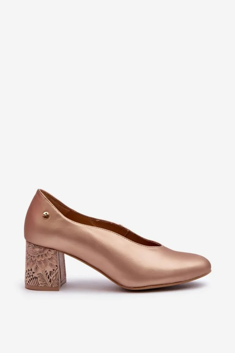 Eleganckie Skórzane Czółenka Na Słupku Maciejka 06422-25 Złote