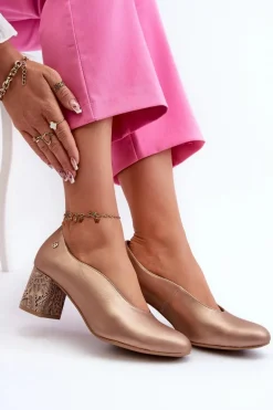 Eleganckie Skórzane Czółenka Na Słupku Maciejka 06422-25 Złote