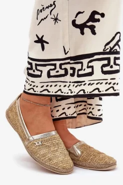 Eleganckie Skórzane Espadryle Z Plecionką Zazoo 10178 Beżowo-Złote