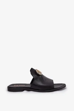 Eleganckie Skórzane Klapki Damskie Z Ozdobą Zazoo 3008 Czarne