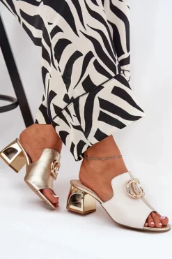 Eleganckie Skórzane Klapki Na Obcasie Laura Messi 2875 Beżowo-Złote