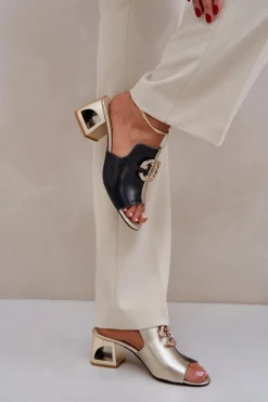 Eleganckie Skórzane Klapki Na Obcasie Laura Messi 2875 Czarno-Złote