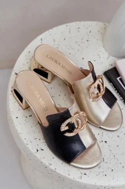 Eleganckie Skórzane Klapki Na Obcasie Laura Messi 2875 Czarno-Złote