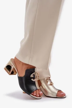 Eleganckie Skórzane Klapki Na Obcasie Laura Messi 2875 Czarno-Złote