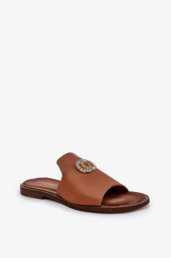 Eleganckie Skórzane Klapki Damskie Z Ozdobą Zazoo 3008 Camel