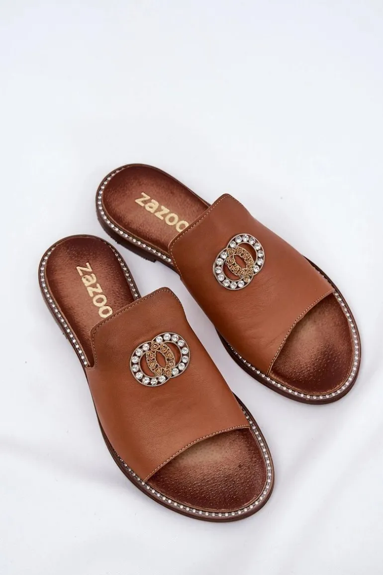 Eleganckie Skórzane Klapki Damskie Z Ozdobą Zazoo 3008 Camel