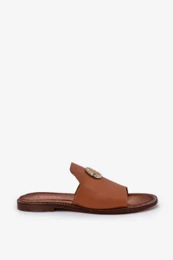 Eleganckie Skórzane Klapki Damskie Z Ozdobą Zazoo 3008 Camel