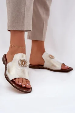 Eleganckie Skórzane Klapki Damskie Z Ozdobą Zazoo 3008 Złoty Przecierany