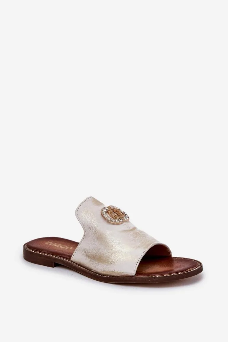 Eleganckie Skórzane Klapki Damskie Z Ozdobą Zazoo 3008 Złoty Przecierany