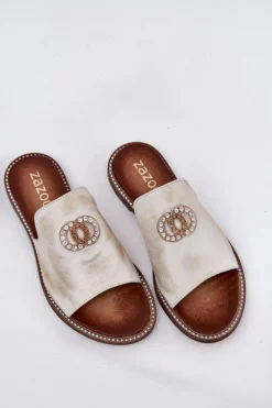 Eleganckie Skórzane Klapki Damskie Z Ozdobą Zazoo 3008 Złoty Przecierany