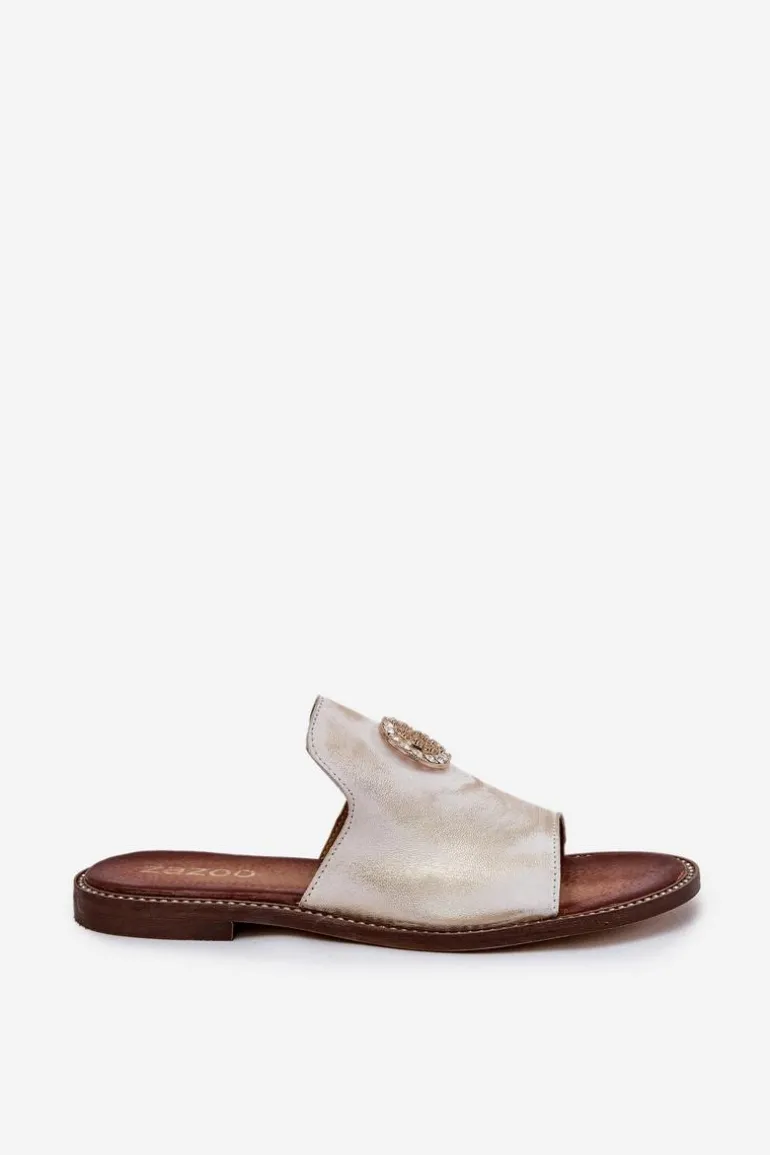 Eleganckie Skórzane Klapki Damskie Z Ozdobą Zazoo 3008 Złoty Przecierany