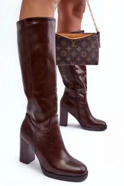 Eleganckie Skórzane Kozaki Przed Kolano Na Słupku Brązowe Felsha