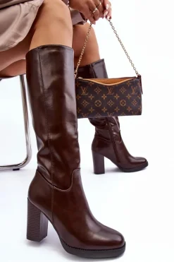 Eleganckie Skórzane Kozaki Przed Kolano Na Słupku Brązowe Felsha