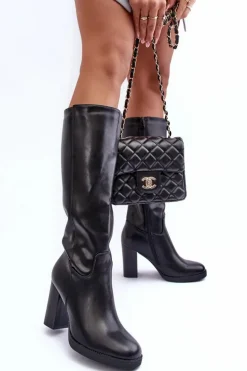 Eleganckie Skórzane Kozaki Przed Kolano Na Słupku Czarne Felsha