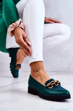 Eleganckie Skórzane Mokasyny Z Łańcuchem Zielone Geneva