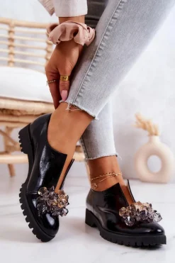 Eleganckie Skórzane Półbuty Z Ozdobą Czarne Cindy