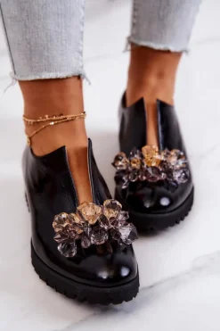 Eleganckie Skórzane Półbuty Z Ozdobą Czarne Cindy