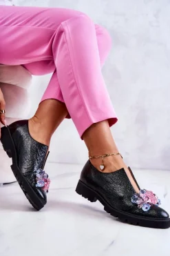 Eleganckie Skórzane Półbuty Z Ozdobą Ciemnozielone Cindy