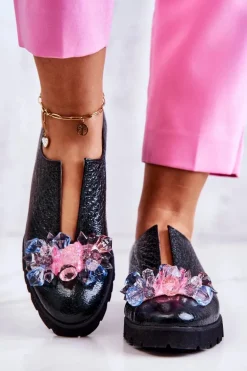 Eleganckie Skórzane Półbuty Z Ozdobą Ciemnozielone Cindy