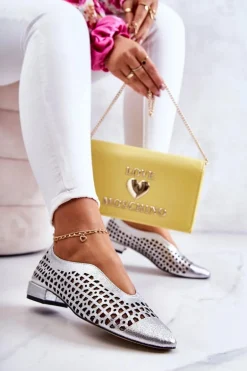 Eleganckie Skórzane Półbuty Ażurowe Srebrne Ismena