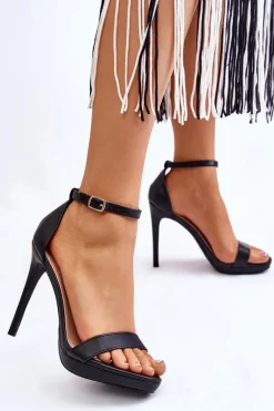 Eleganckie Skórzane Sandałki Na Szpilce Czarne Averie