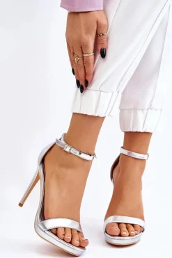 Eleganckie Skórzane Sandałki Na Szpilce Srebrne Averie