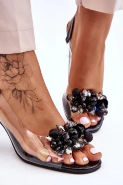 Eleganckie Transparentne Sandały Z Ozdobą Czarne Lilah