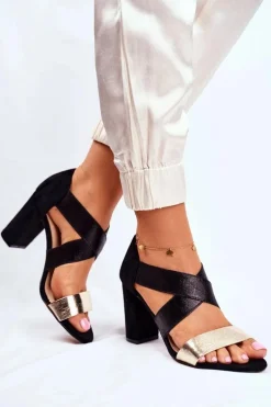 Eleganckie Wsuwane Sandały Na Słupku Czarno-Złote Varina