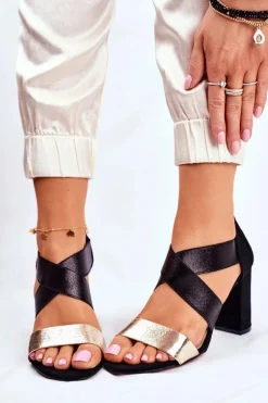 Eleganckie Wsuwane Sandały Na Słupku Czarno-Złote Varina