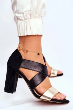 Eleganckie Wsuwane Sandały Na Słupku Czarno-Złote Varina
