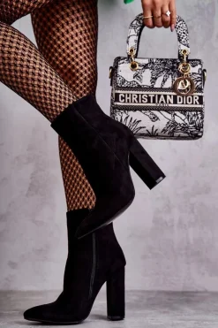 Eleganckie Zamszowe Botki Na Słupku Czarne Ettany