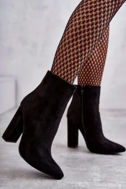 Eleganckie Zamszowe Botki Na Słupku Czarne Ettany